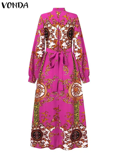 VONDA Maxi Dress  Summer Women Bohemian Printed Party Sundress Long Sleeve Stand Collar Casual Robe Holiday Vestidos Belted