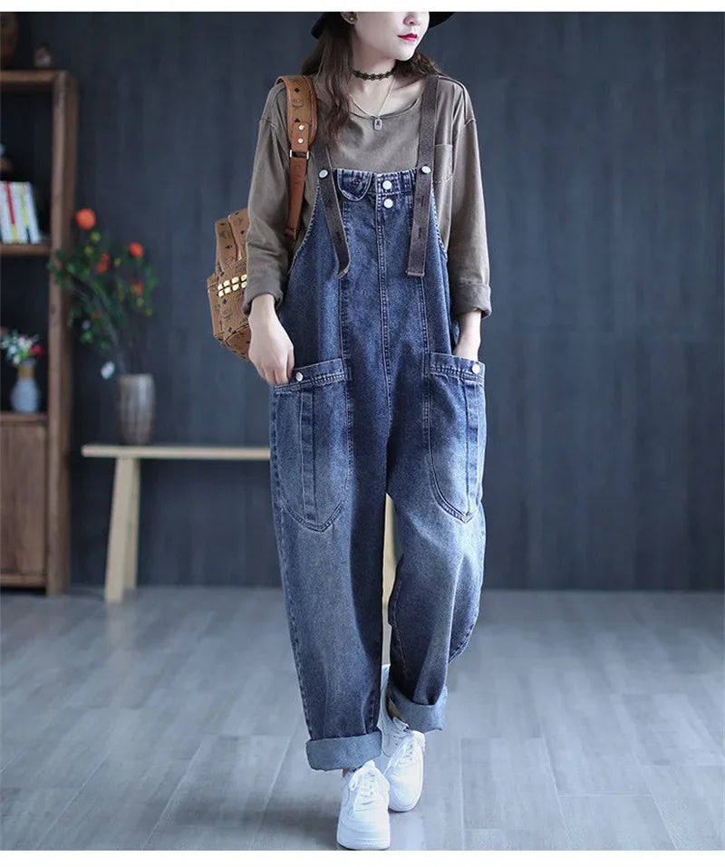 Jumpsuit Women Jeans Rompers New Retro Big Pocket Loose Denim Overalls Fashion Large Size Wide-leg Pants Drop Shipping