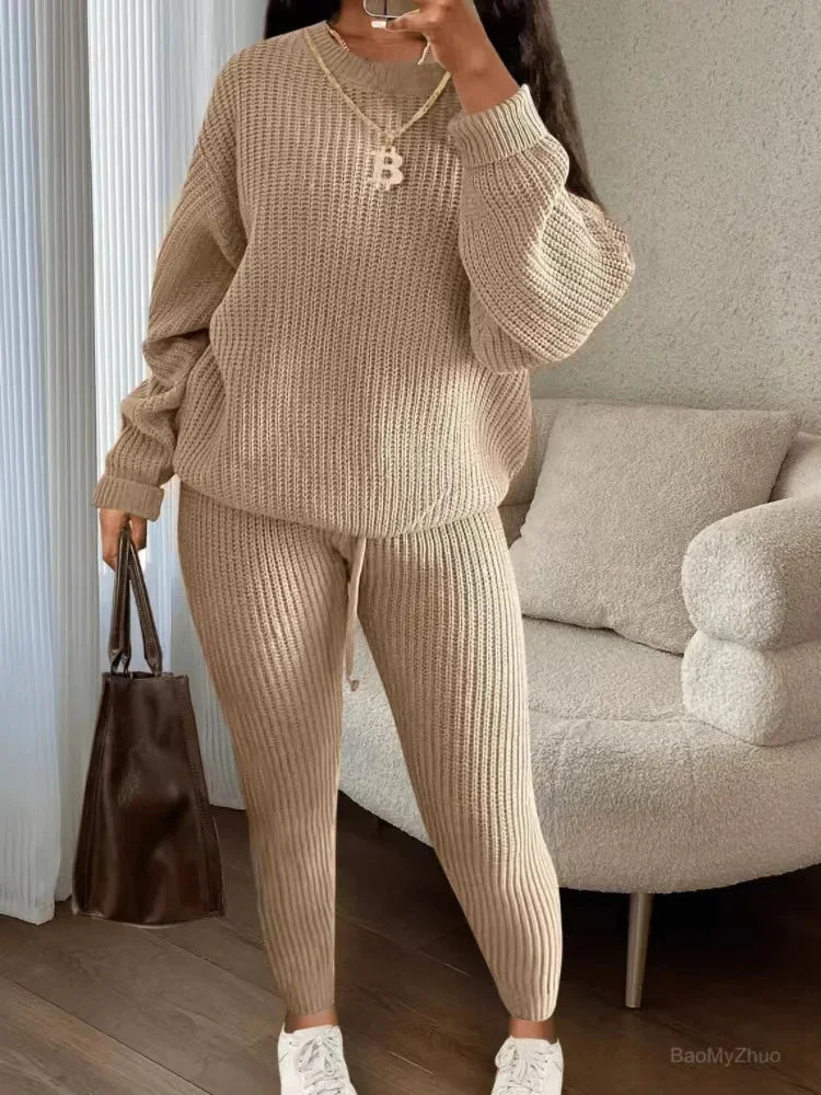 2024 Winter Two Piece Sets Women Clothing Autumn Fashion Casual Solid Round Neck Pullover Loose Pit Knitted Sweater Pants Suits