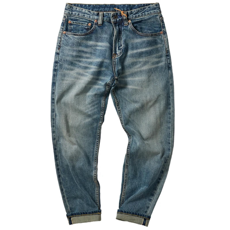 Selvedge Heavyweight Tapered Jeans Clothing for Men Denim Retro Pants Loose Straight Classic Washed Outdoor Casual Trousers