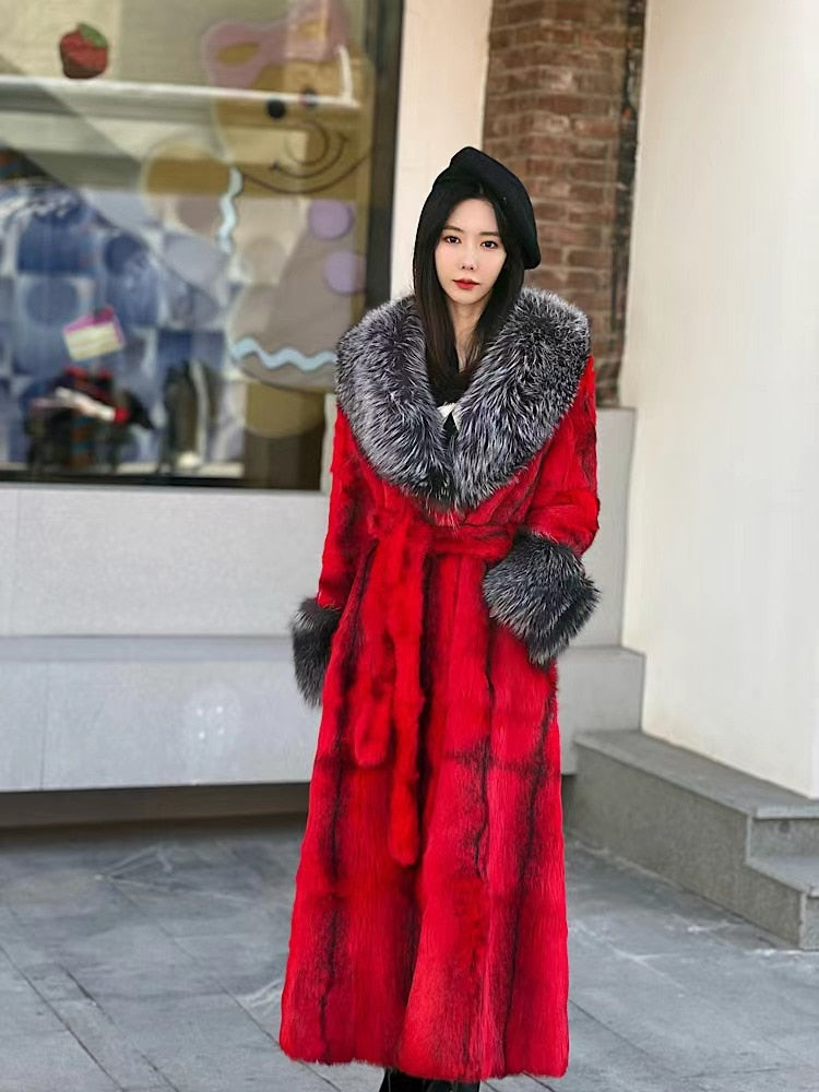 Furyoume Winter New Real Rabbit Fur Coat X-long Thick Warm Natural Fur Jacket With Fox Fur Collar/cuffs Luxury Fur Belt Fashion