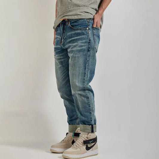 Selvedge Heavyweight Tapered Jeans Clothing for Men Denim Retro Pants Loose Straight Classic Washed Outdoor Casual Trousers