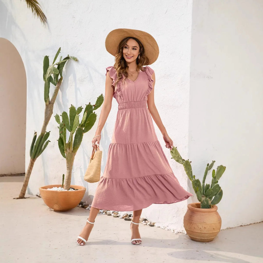 Summer Woman Dress V Neck Sleeveless Red Dresses High Waist A Line Green Maxi Dress Tiered Skirt Boho Black Casual Dress
