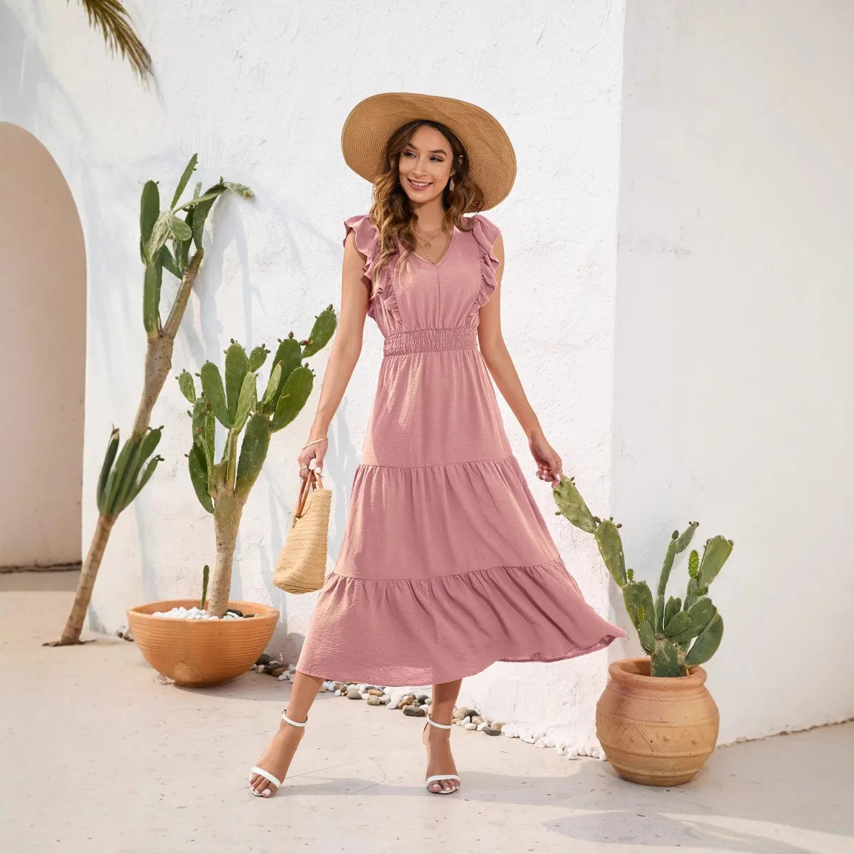 Summer Woman Dress V Neck Sleeveless Red Dresses High Waist A Line Green Maxi Dress Tiered Skirt Boho Black Casual Dress