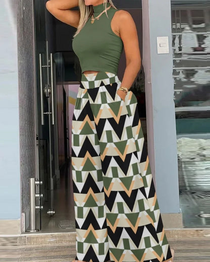 Women Two Piece Pant Sets Sleeveless Turtleneck Tops Pockets Wide Leg Pants High Waist Trousers Suit Elegant Office Ladies