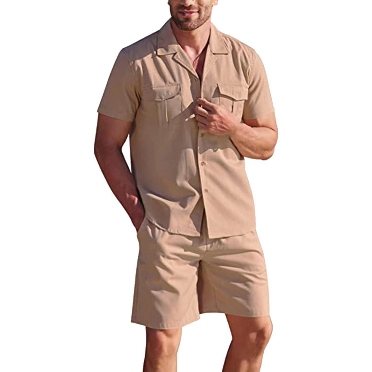 Men&#39;s Summer Casual Loose Two Piece Sets Beach Solid Workwear Pocket Linen Man Suit Short Sleeve Button Shirt And Shorts Outfits