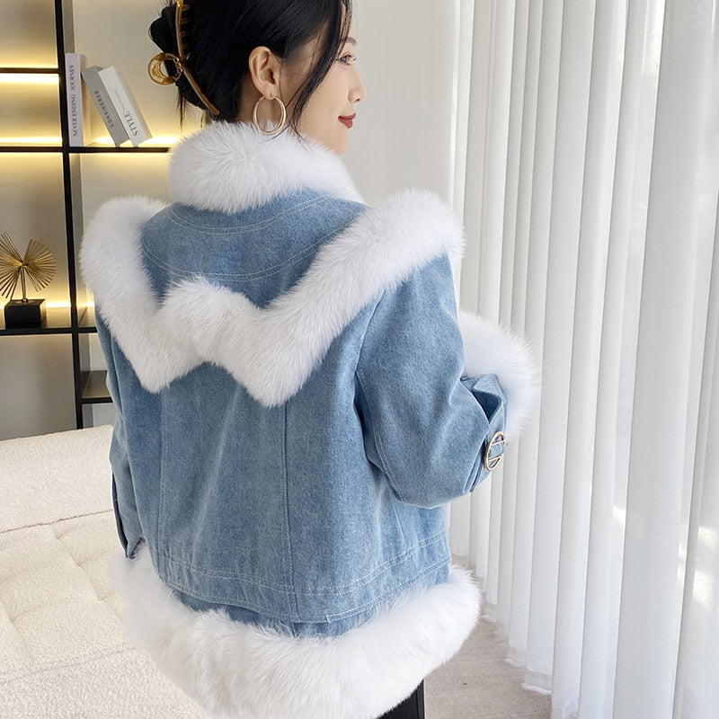 2023 Winter New Imported Fox Fur Denim Coat White Goose Down Jacket Loose Female Short Top