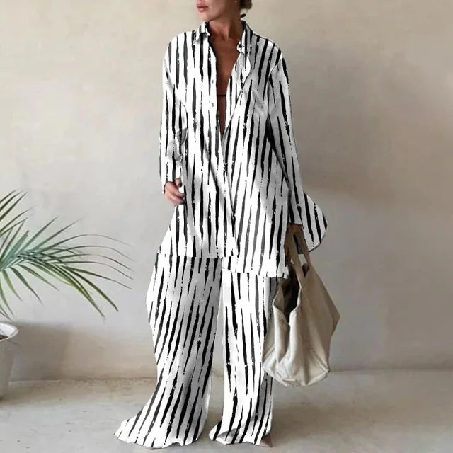 Autumn New Women's Suit Fashionable Printed Casual Long-sleeved Shirt  Loose Trousers And Floor-length Trousers Two-piece Set