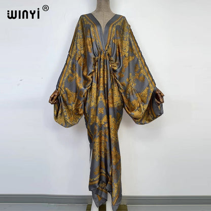 Sexy bech high-quality hand-rolled feel silk rayon fashion print  WINYI Maxi women's robes long beach V-neck Bohemian dress