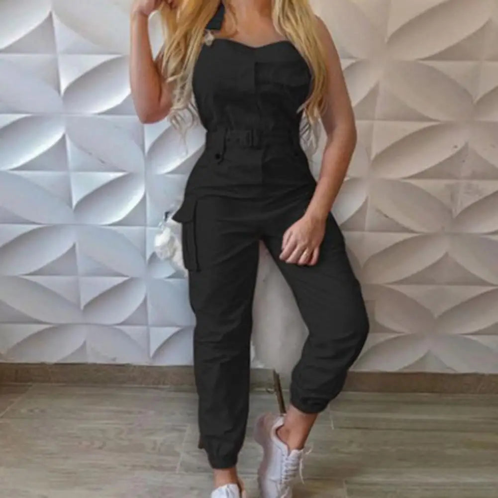 Women Bodycon Jumpsuit High Waist Halter Cargo Jumpsuit Summer Slim Trendy Casual Pocket Halter Overall Women Pants monos mujer