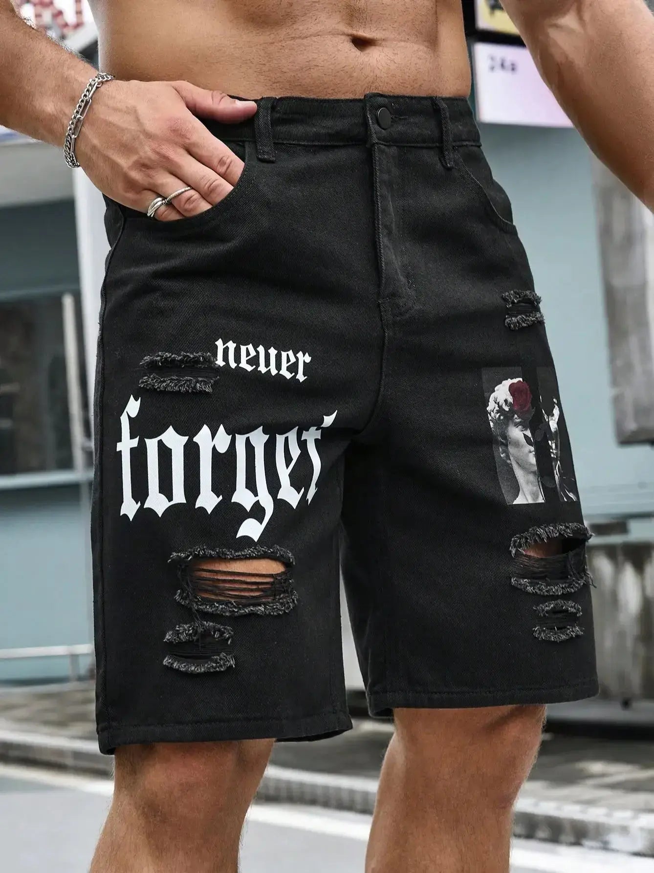 Herren Sommer Stretchy Denim Shorts Jeans Für Herren Streetwear Zerrissene Buchstaben Knielange Baggy Bequeme Cargo Freizeithosen Jeansshorts