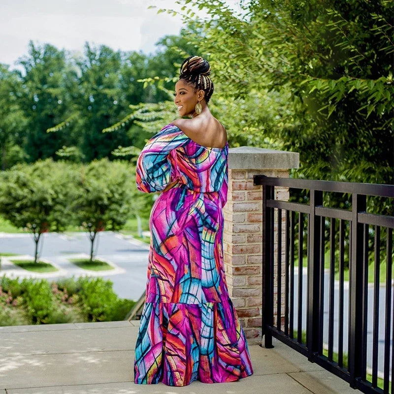 Plus Size Elegant Women's 2 Pieces Set Tube Top Off Shoulder Long Sleeve Printing Suit High Waisted Long Dresses Women Clothing