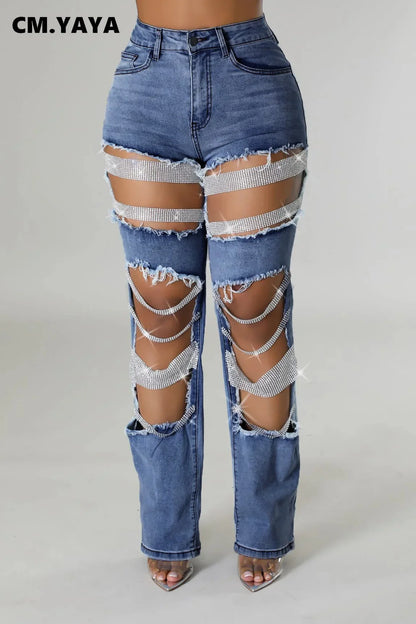 CM.YAYA Women Fashion Pearl Beading Ripped Hollow Out Tassel Wide Leg Jeans  New Summer INS Street Denim Pants Trousers