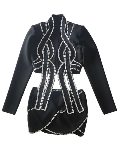 BEVENCCEL  New In Women's Luxury Diamond Hollow Suit 2-piece Set Elegant Long Sleeve Outfit Skirt Bandage Party Matching Set