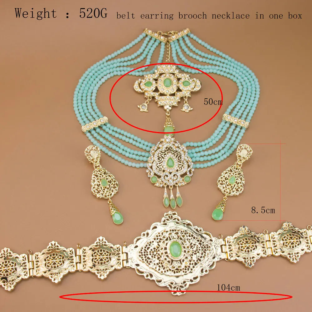 Sunspicems Gold Color Morocco Caftan Belt Waist Chain Women Beads Chain Choker Necklace Long Earring Arab Bridal Wedding Jewelry
