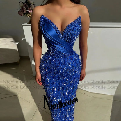 Nicolle Luxury V Neck Prom Dresses for Women Pearls Crystals Sequined Pleats Sheath Party Vestidos De Festa Customized