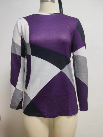European and American Women Casual Color Block Long Sleeve Buttons Top Dressy Casual  Geometric Tunic Tops Crewneck T Shirts