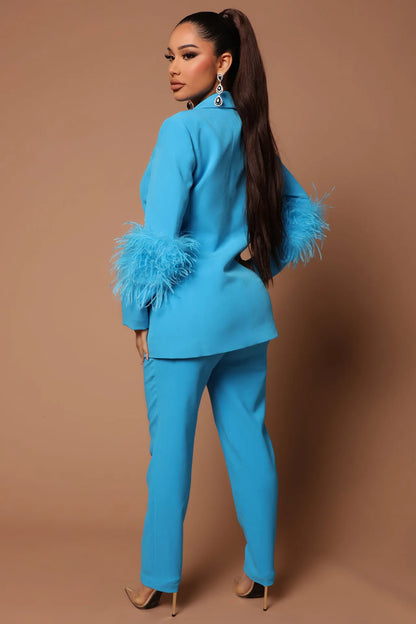 CM.YAYA Vintage Women Fur Hem Long Sleeve Blazer Suit and Pants  Chic OL Fashion Two 2 Piece Set Outfits Basic Tracksuit