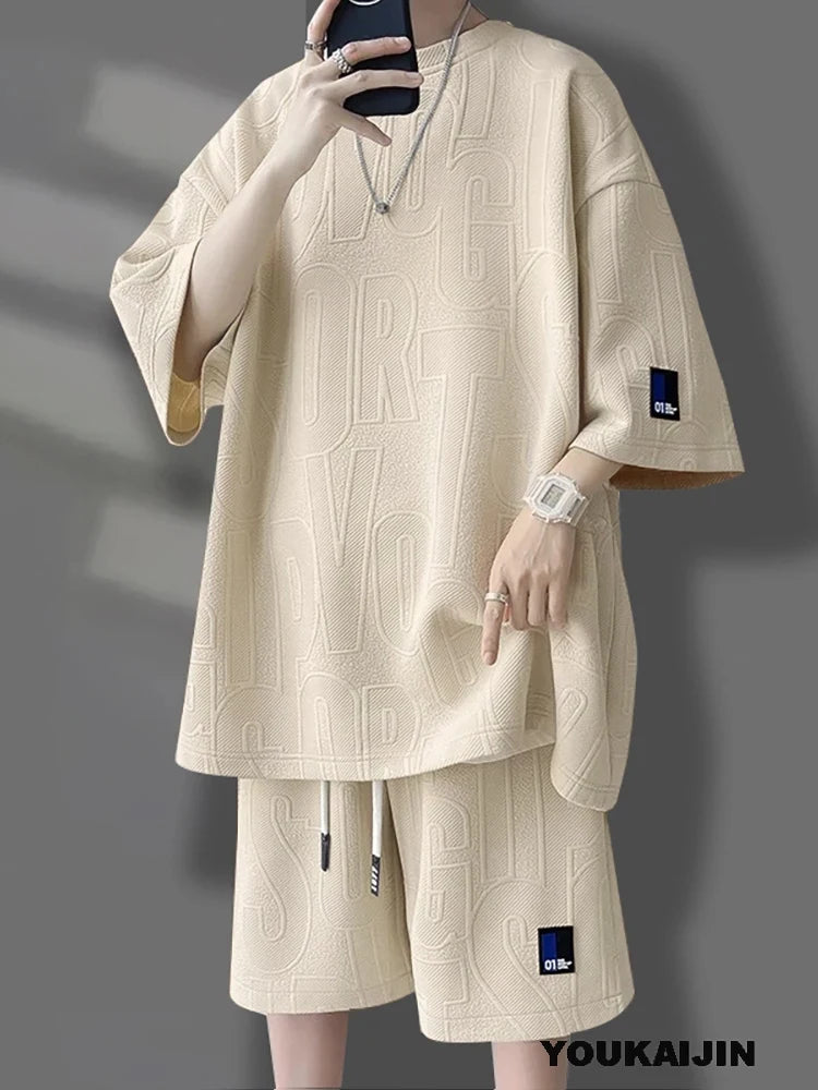 Men's Korean Summer Suit Korean Casual T-shirt + Shorts Suit Men's Tracksuit Solid Color Tracksuit Loose Suit Plus Size 5XL