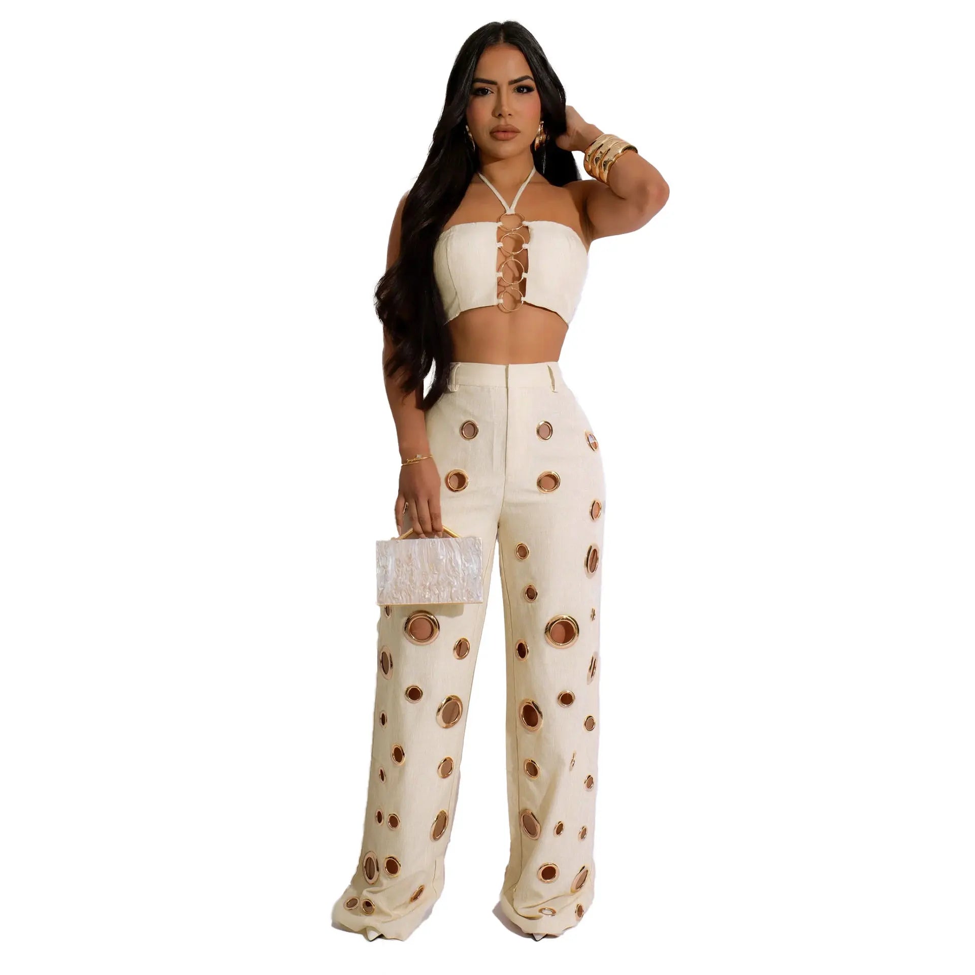 FLARORA Y2k Hole Sequined Wide Leg Pants Streetwear Sexy Solid Halter Sleeveless Backless Tops And Pants Women's Two Pieces Set