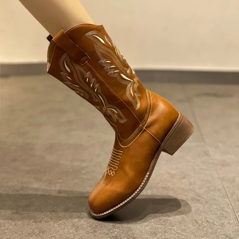 Retro Embroidered Western Boots for Women 2023 Autumn Winter PU Leather Mid-Calf Boots Woman Thick Heeled Cowboy Booties Female