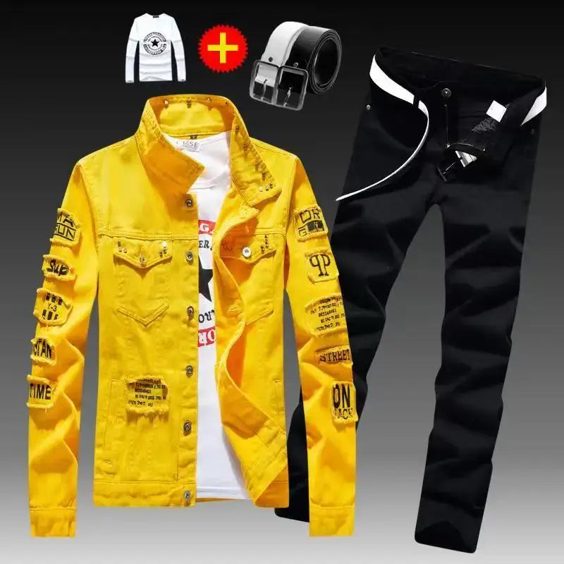 Frühling Herbst Herren Jeansjacke + Jeanshosen Set Mode Einreiher Mantel Hose Zweiteiliger Denim-Anzug