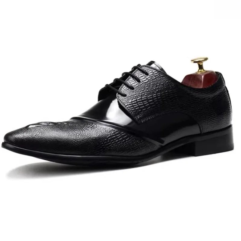 Elegante Herren-Lederschuhe, spitze Zehenpartie, Schnürung, Krokodilmusterprägung, Echtleder, formelle Schuhe, Hochzeitsschuhe, Gesellschaftsschuhe