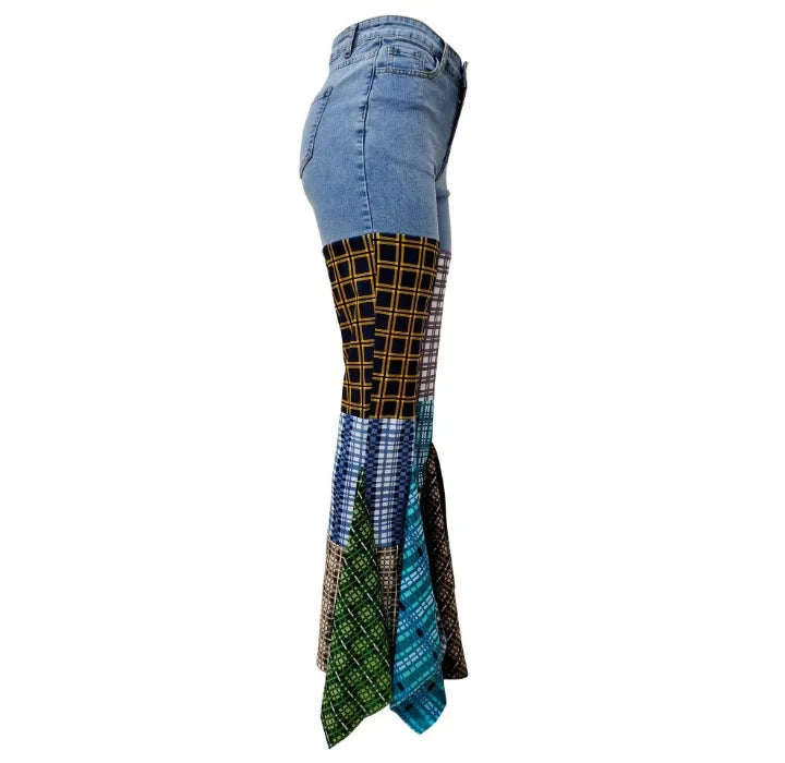 Women Jeans  Summer Fashion Spliced Houndstooth Denim Ruffle Edge Flared High Waist Jeans Pants Female Trousers Streetwear