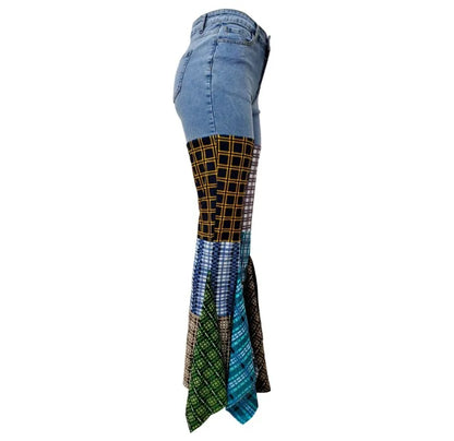 Women Jeans  Summer Fashion Spliced Houndstooth Denim Ruffle Edge Flared High Waist Jeans Pants Female Trousers Streetwear