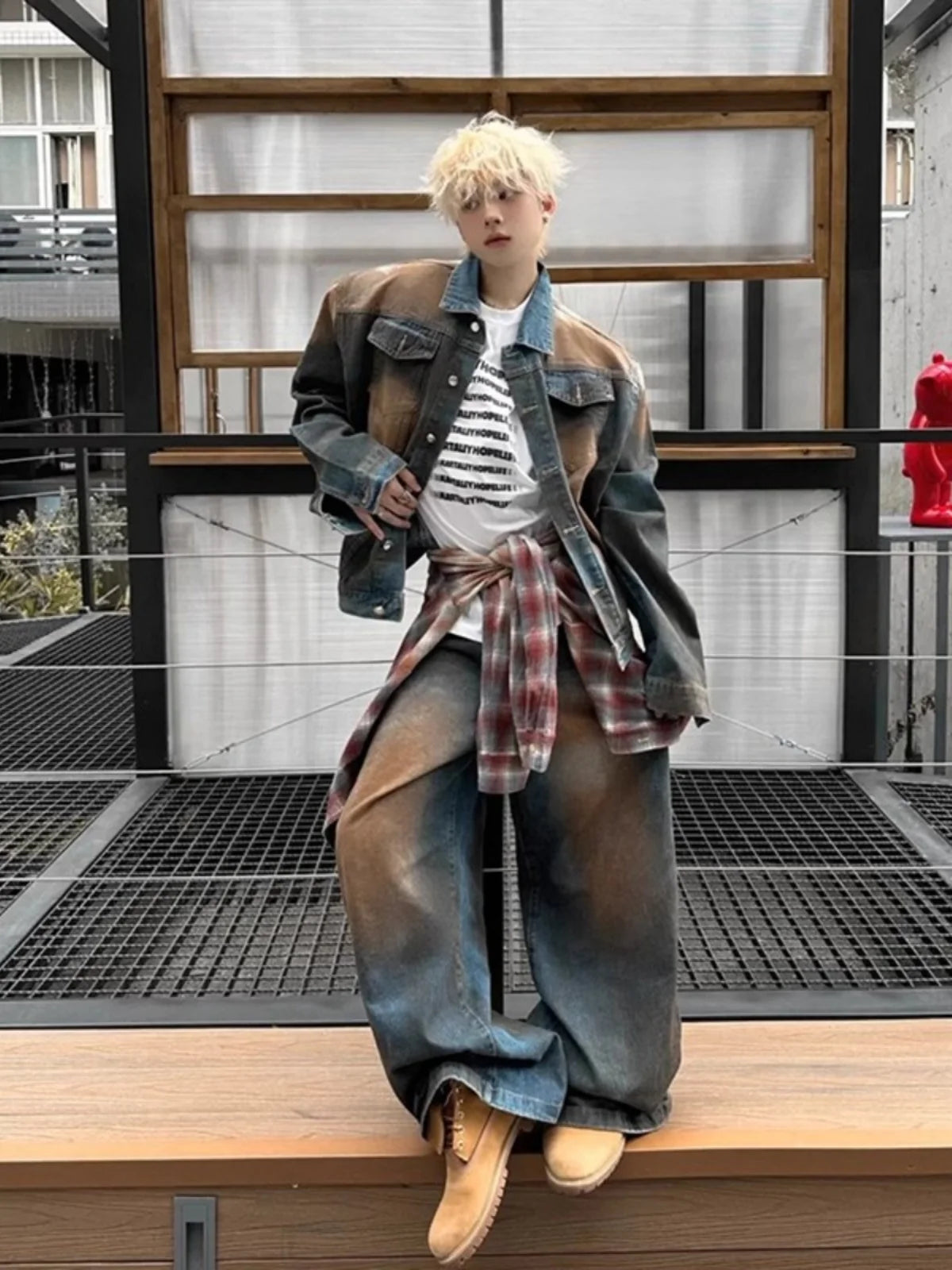 American Style Faded Denim Jacket And Pants Set Men's Trendy Vintage Washed Shoulder Padded Jeans Outerwear for Teens