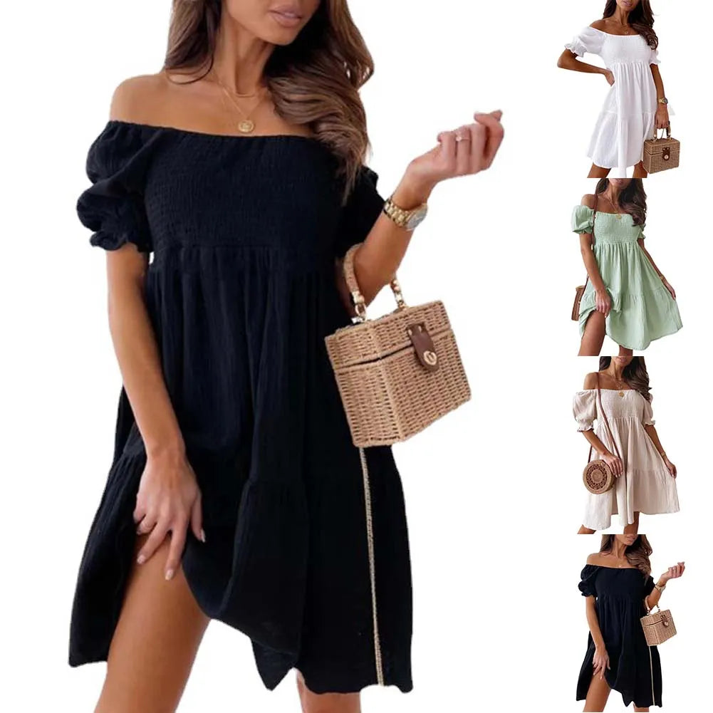 Women Sexy Dress Summer Ladies Beach Swing Off Shoulder Sundress Soild Casual Loose Pleated A-line Sun Dress