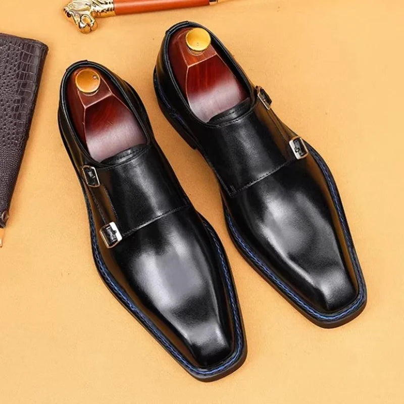 Hochwertige Herrenschuhe aus Rindsleder, eckige Zehenpartie, Doppel-Monk-Strap, Herren-Businessschuhe zum Hineinschlüpfen
