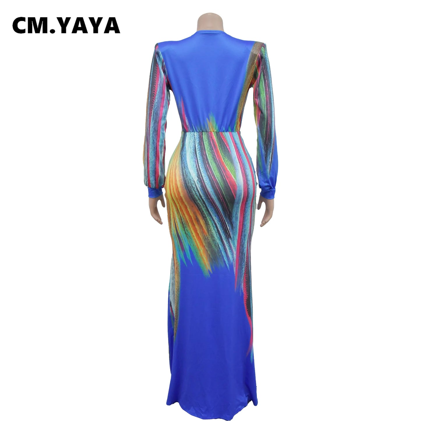 CM.YAYA Summer Holiday Full Sleeve V-Neck Long Maxi Dress Street Ruched Women Gradient Print Party Night Evening Vestido Dresses