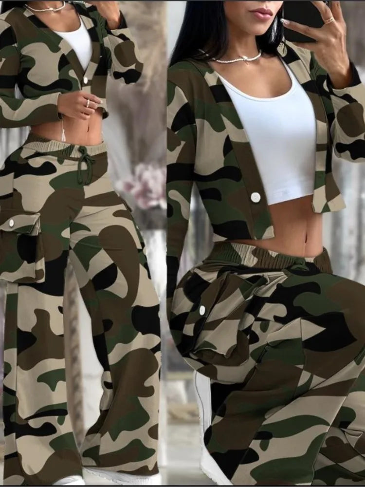 Women's Spring Summer New Fashionable Solid Color Printed Sexy Waist Short Top Casual Pants Set For Women