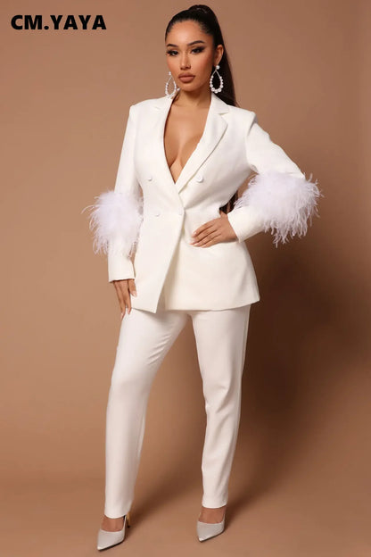 CM.YAYA Vintage Women Fur Hem Long Sleeve Blazer Suit and Pants  Chic OL Fashion Two 2 Piece Set Outfits Basic Tracksuit