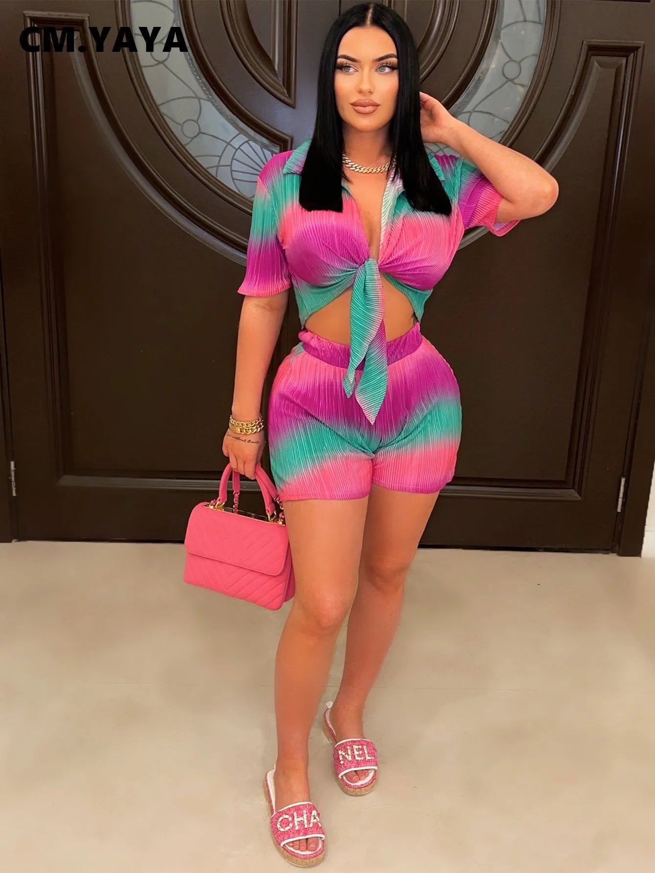 CM.YAYA Gradient Print Pleated Women Set Short Sleeve Bowknot Hem Shirt and Shorts 2023 Summer Two 2 Piece Set Outfit Tracksuit