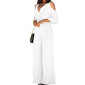 Spring And Autumn Women Jumpsuit Hollowed Out Strapless Solid Color Women Jumpsuit V-neck High Waist Belt Wide-leg Pant