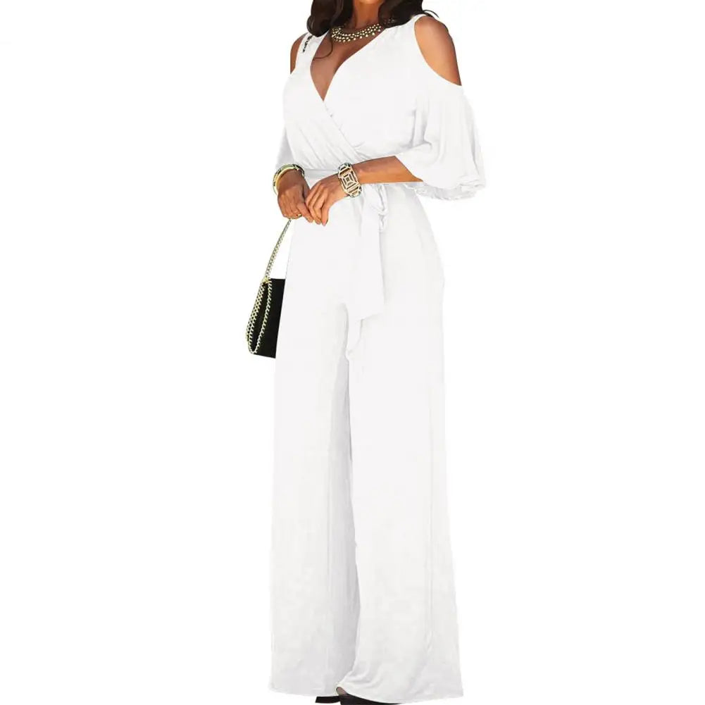 Spring And Autumn Women Jumpsuit Hollowed Out Strapless Solid Color Women Jumpsuit V-neck High Waist Belt Wide-leg Pant