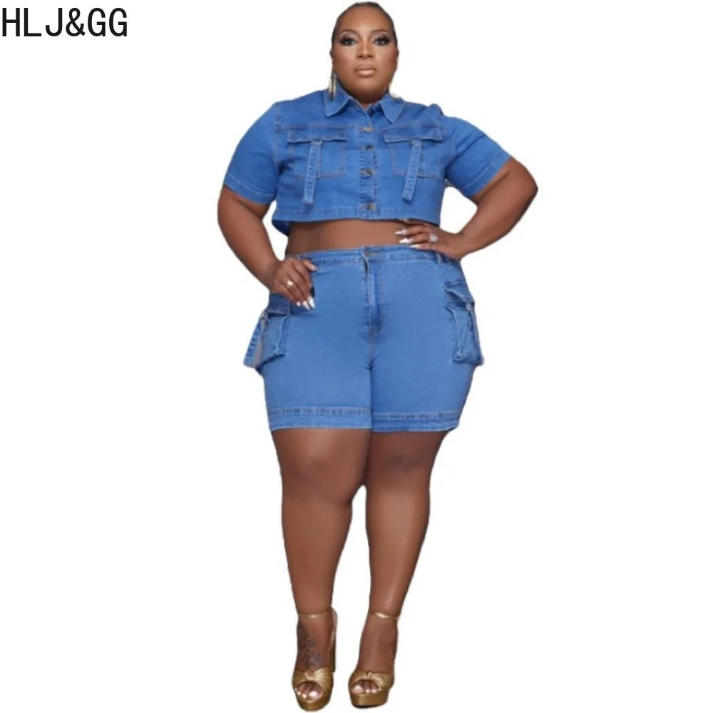 HLJ&GG Blue Plus Size Denim Shorts Two Piece Sets Women Turndown Collar Button Long Sleeve Crop Top And Shorts Cowboy Outfits