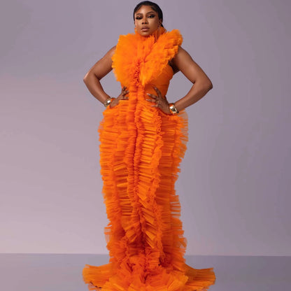 Stunning Orange Ruffle Tulle Evening Dresses 2026 New Pleated Tiered Formal Prom Gown Party Dress for Photoshoot Red Carpet Gown