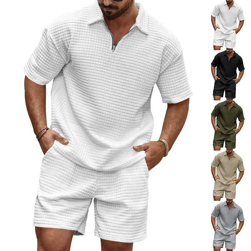 European and American Men's Spring and Summer Trends Youth Outdoor Lapel Small Plaid Short Sleeve Shorts Sports Suit