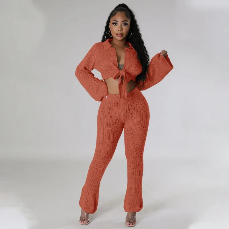 Solid Hollow Out Knitted Two Piece Set Women Long Sleeve Lace Up Cardigan Crop Tops High Waist Flare Pants Stretch Casual Suits