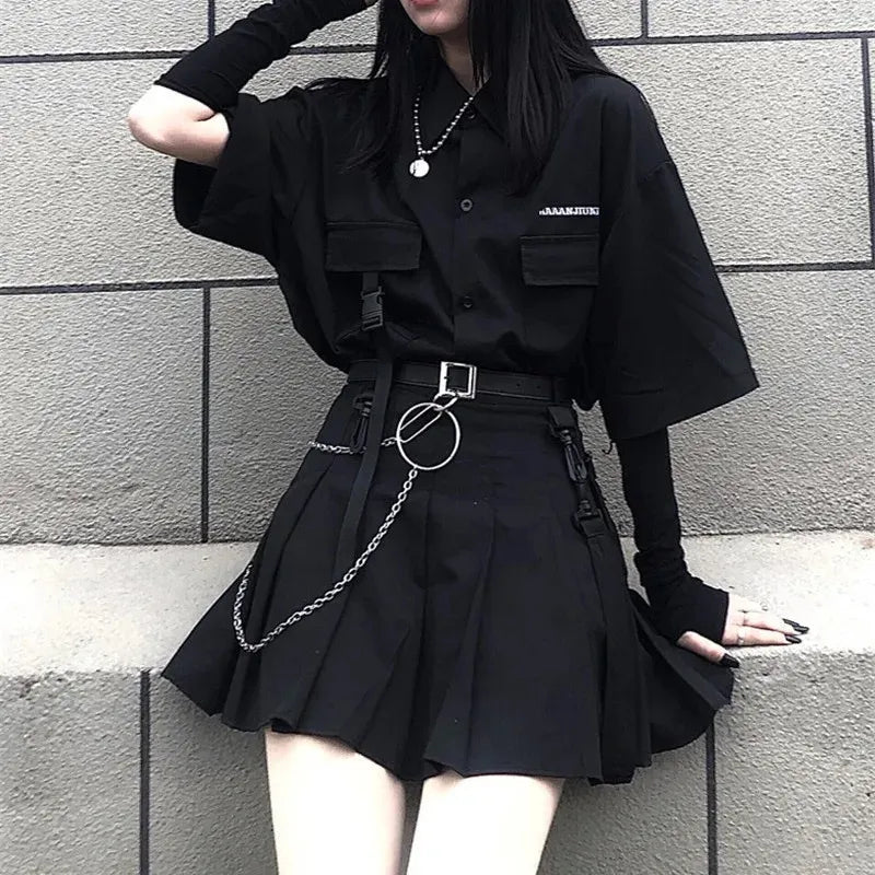 Single / Set Summer Korean Fashion Versatile Dark Series Loose Bf Shirt Top Women Fashion Two Piece Set Skirt Jupe Dropshipping