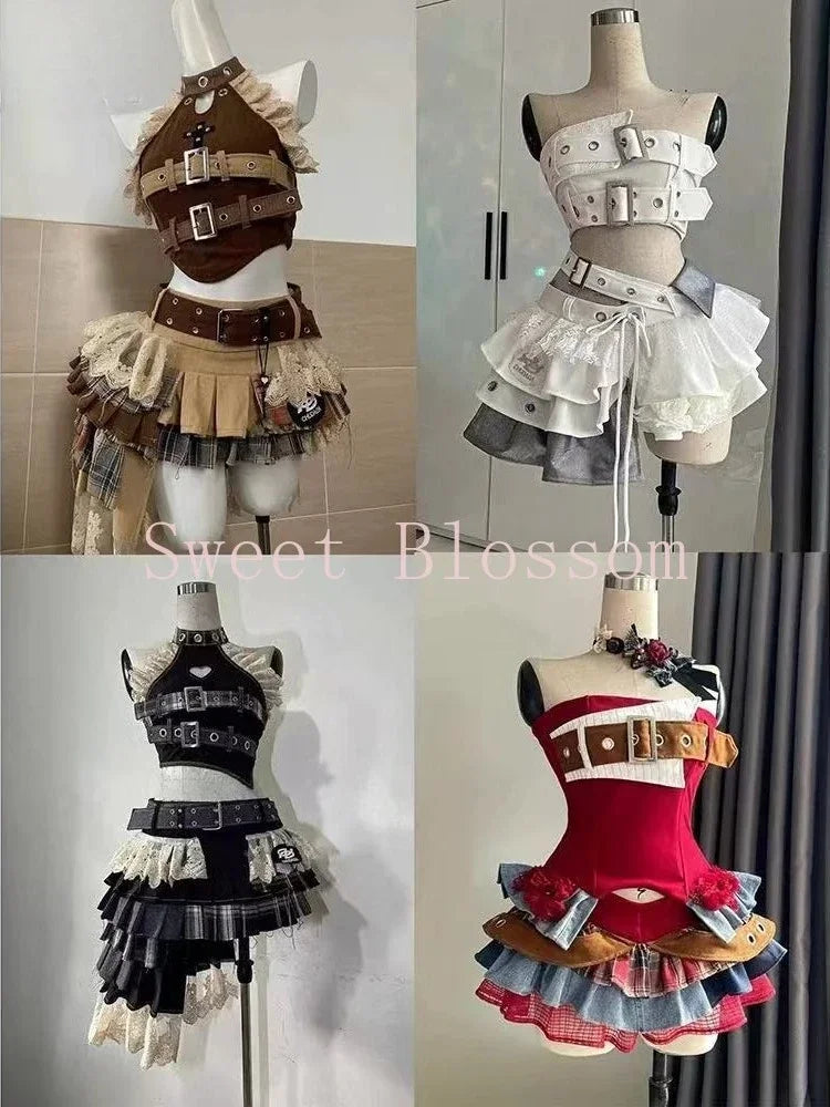 Summer Vintage Elegant Y2K Woman 2 Piece Sets Punk Gothic Strapless Crop Tops +High Waist Ruffle Skirt Female Party Outfits