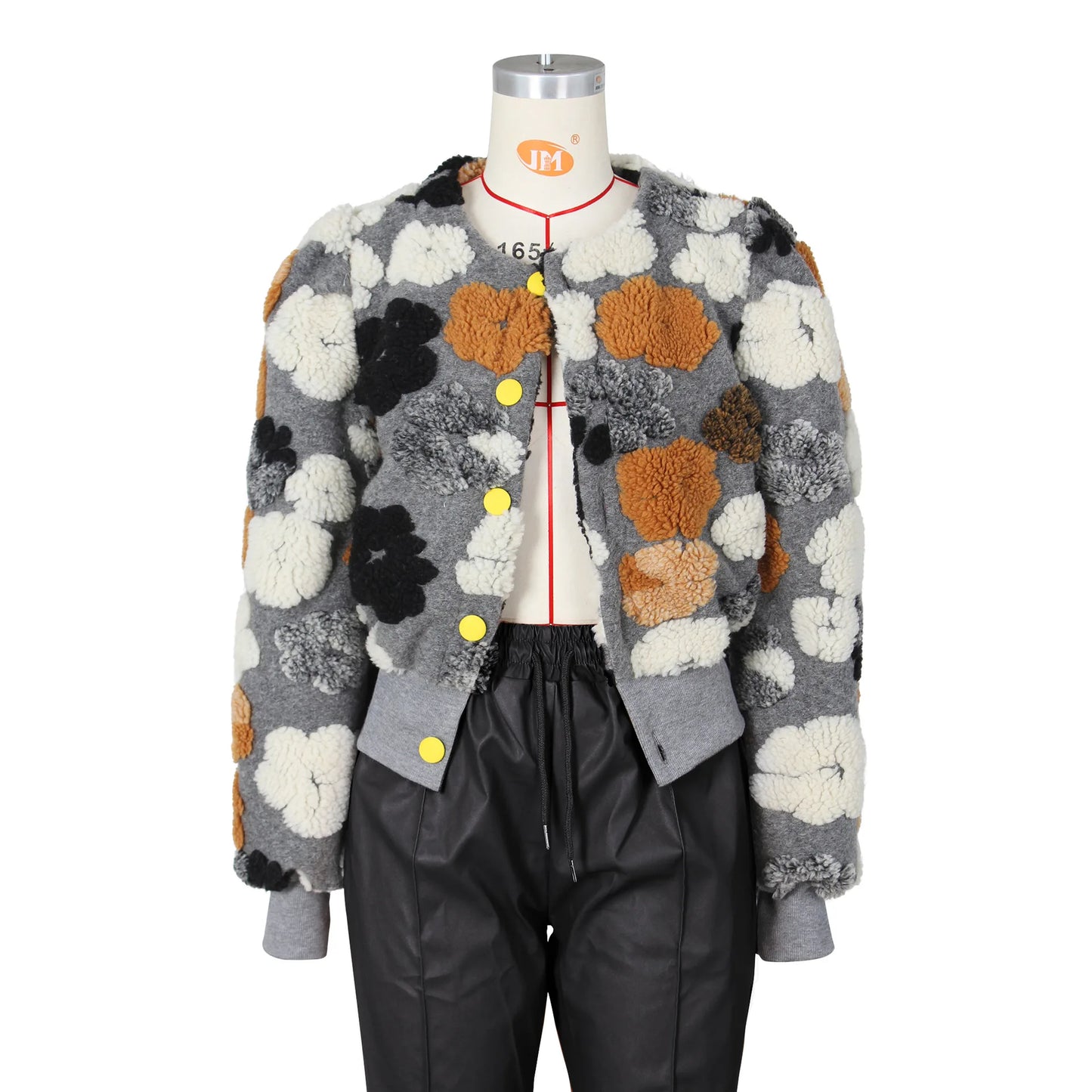 Women's Cropped Floral Print Bomber Jacket Long Puff Sleeve Button Down Coat Outerwear Street Fall Winter Fleece Sherpa Jacket