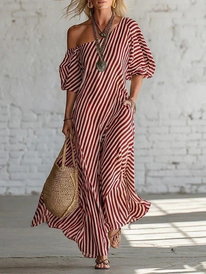Summer Woman Dress Long Striped Off Shoulder Dresses Short Sleeve Maxi Dress Wrap Style Pink Striped Shirt Dress 's Women's