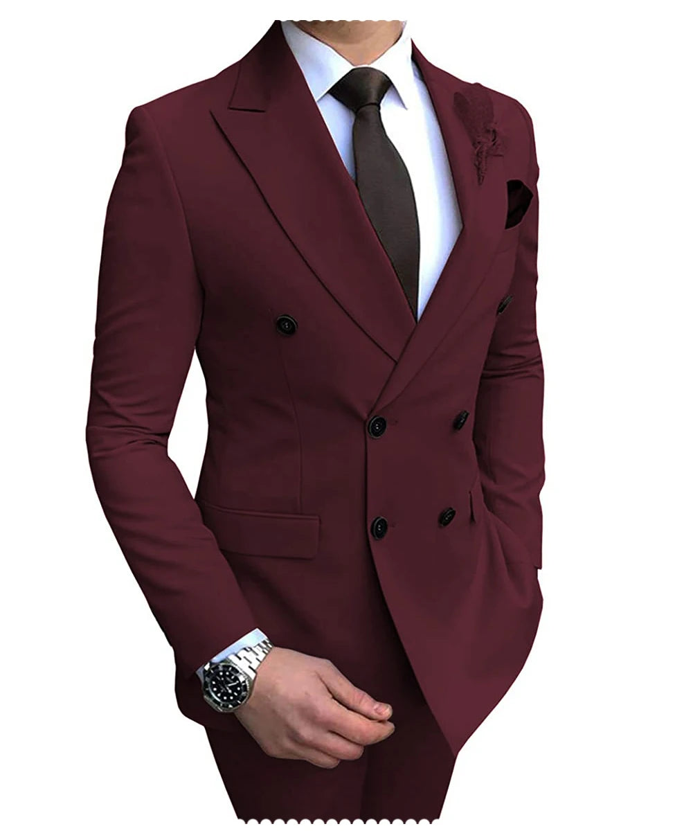 New Beige Men's Suit 2 Pieces Double Breasted Notch Lapel Flat Slim Fit Casual Tuxedos For Wedding(Blazer+Pants)
