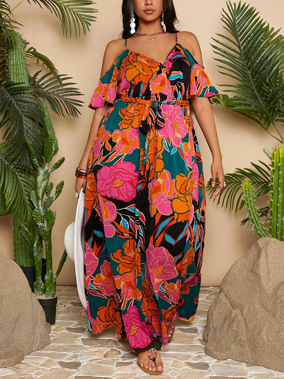 Sommer Neues elegantes schulterfreies, langärmliges Maxikleid in Übergröße, lässiges lockeres, tailliertes Kleid mit sexy Schlitz