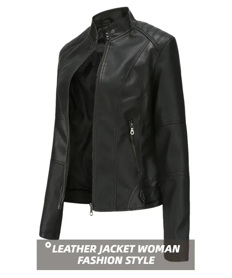 Autumn New Women's Leather Jacket, Fashionable Trim Motorcycle Women PU Coat Black Purple Brown Tops Female Menteau