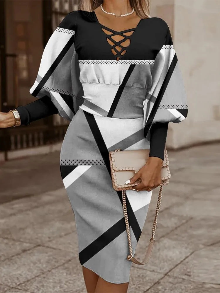 Elegant Long-sleeved V-neck Waist Dress For Women Fashionable Autumn Winter Slim Vintage Printing Hip-covering Dresses Female